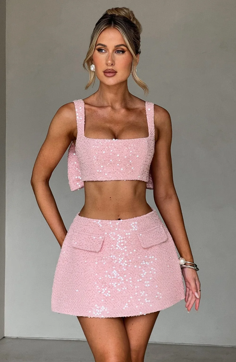 Blush Sequin Tweed Bubble Skirt - Mid Rise Fit