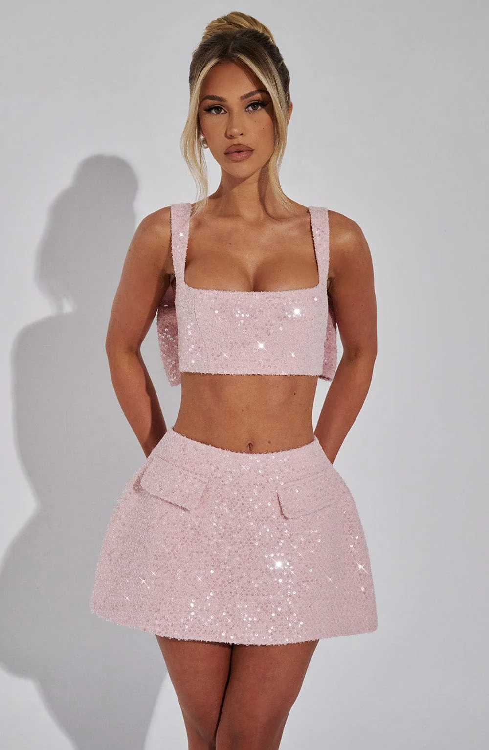 Blush Sequin Tweed Bubble Skirt - Mid Rise Fit