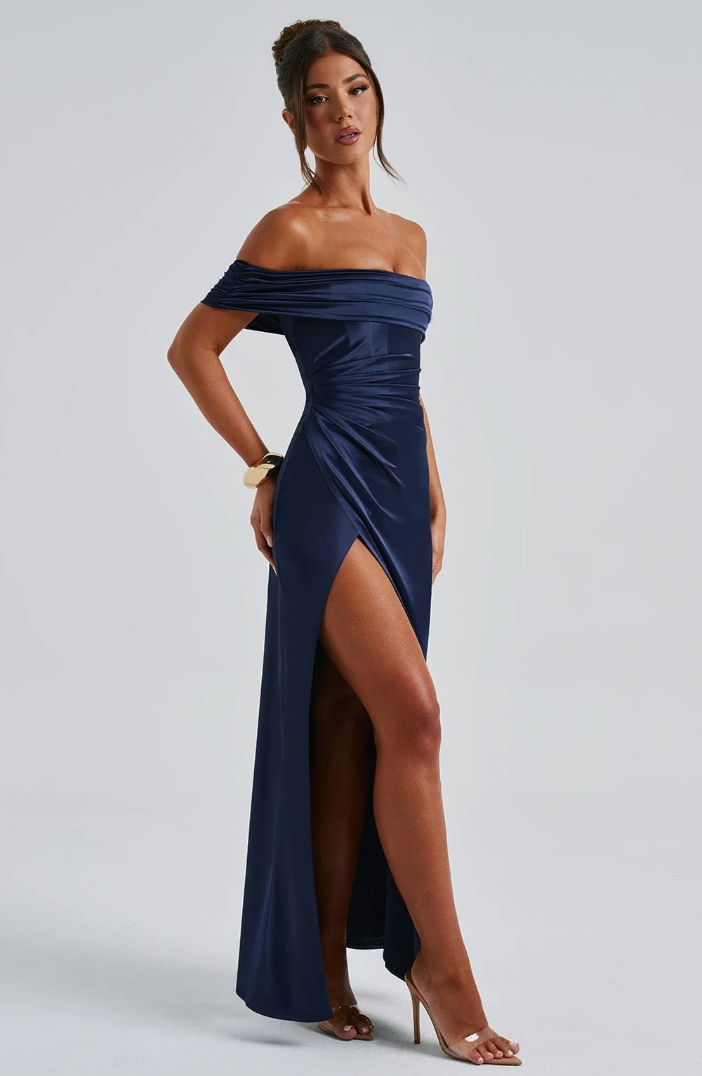 Navy Stretch Satin Maxi Dress with Bardot Neckline