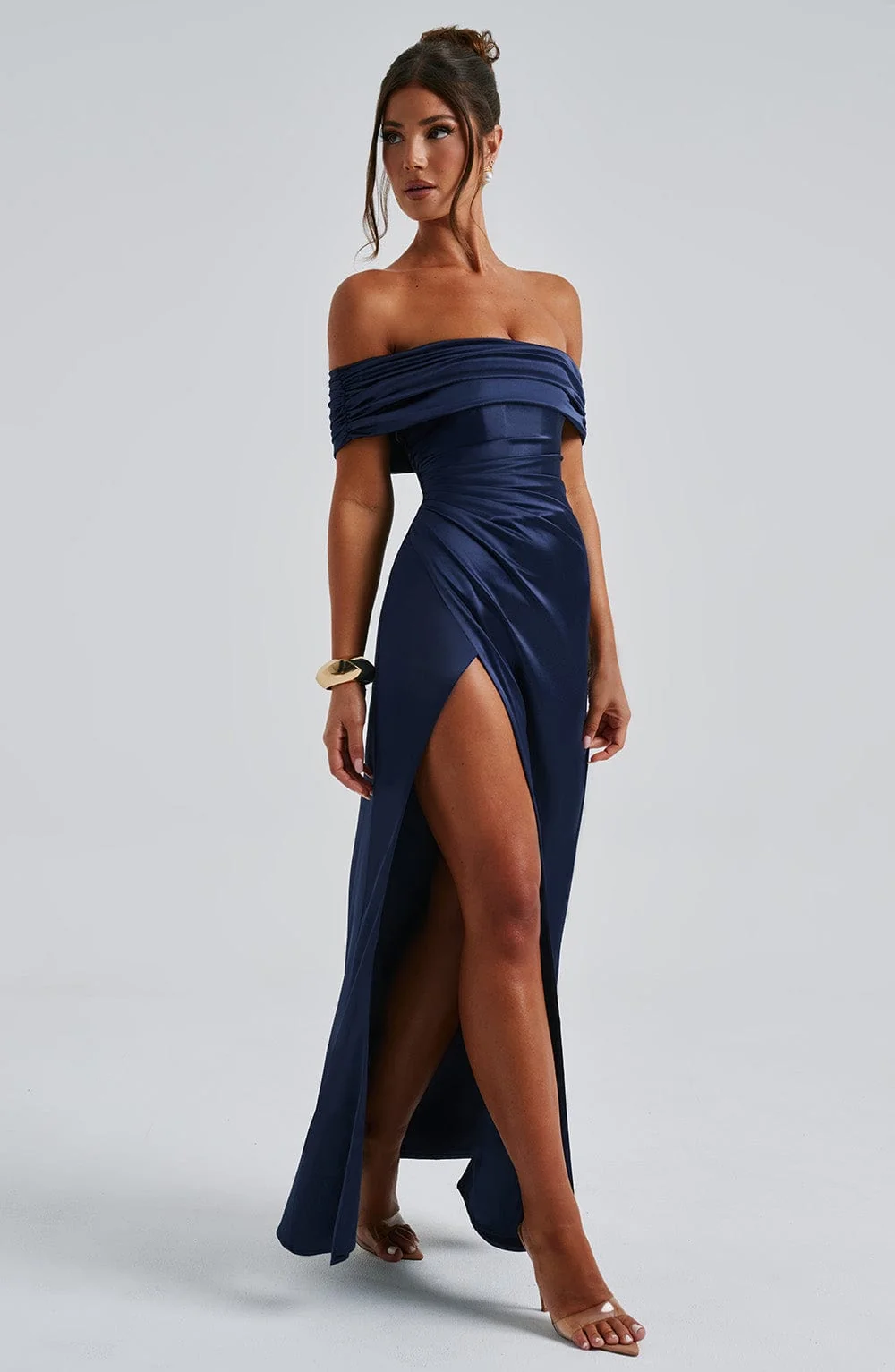 Navy Stretch Satin Maxi Dress with Bardot Neckline