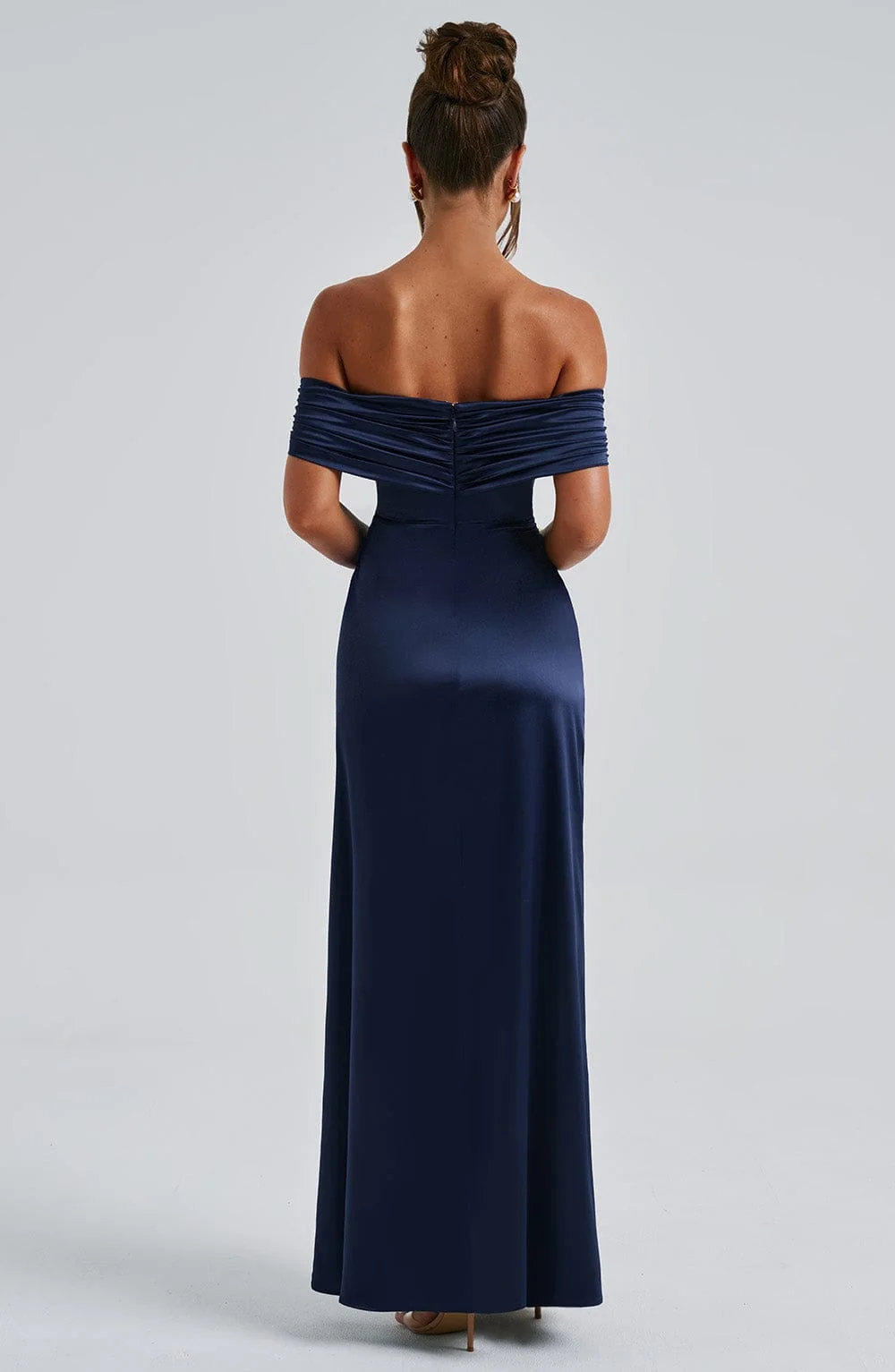 Navy Stretch Satin Maxi Dress with Bardot Neckline