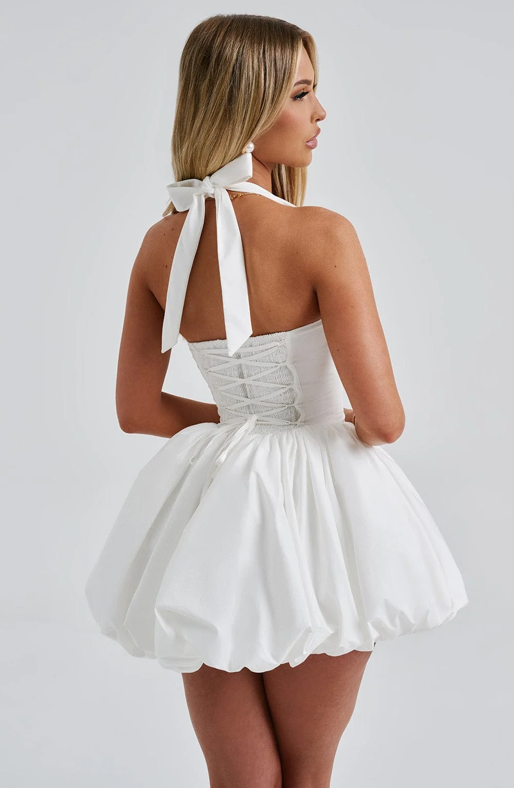 Ivory Square Halter Mini Dress - Premium Cotton Blend