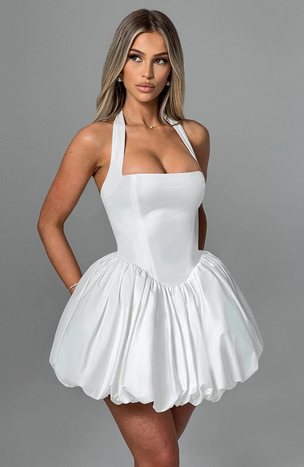 Ivory Square Halter Mini Dress - Premium Cotton Blend