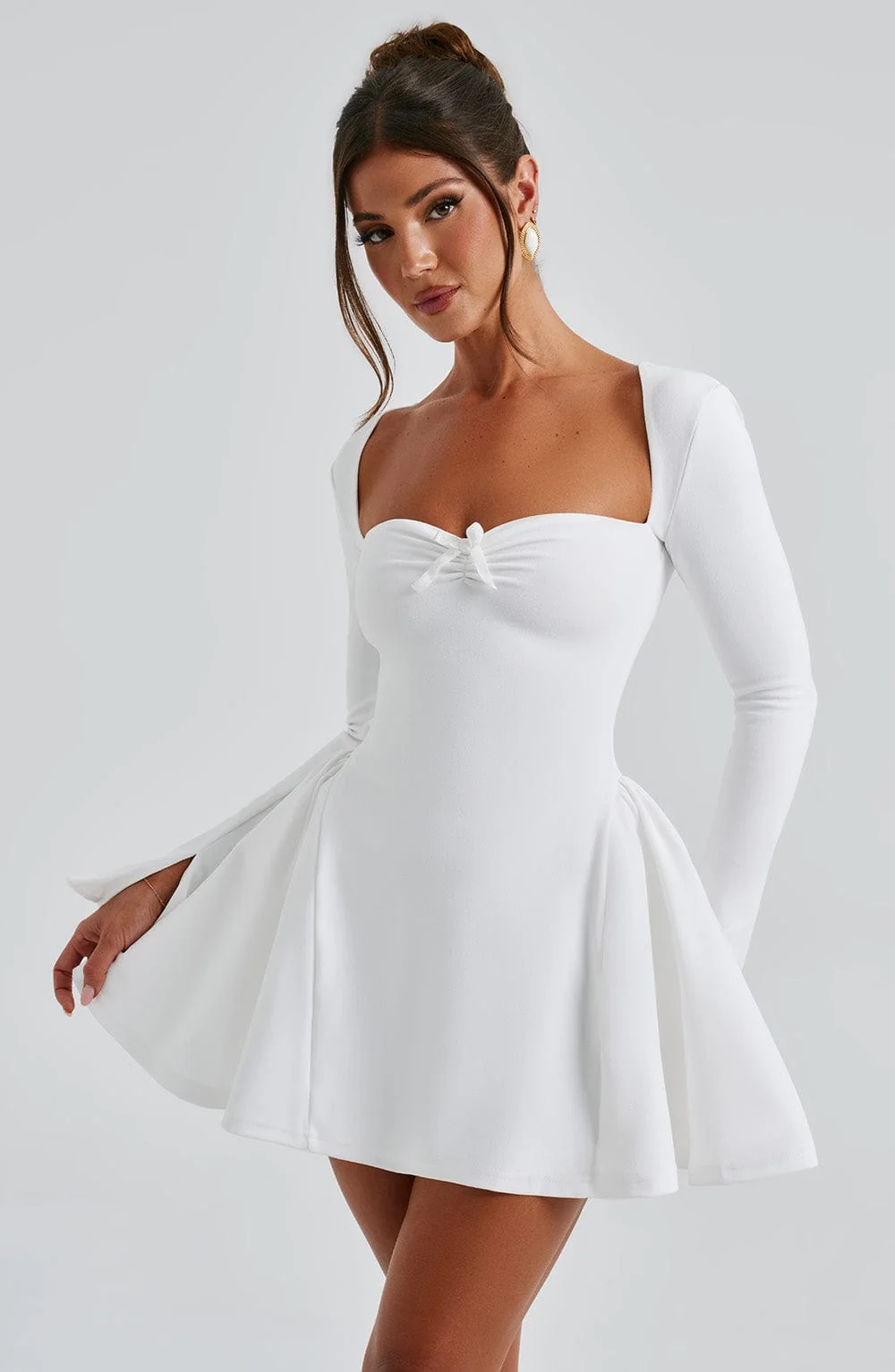 Ivory Cinched Waist Mini Dress with Sweetheart Neckline