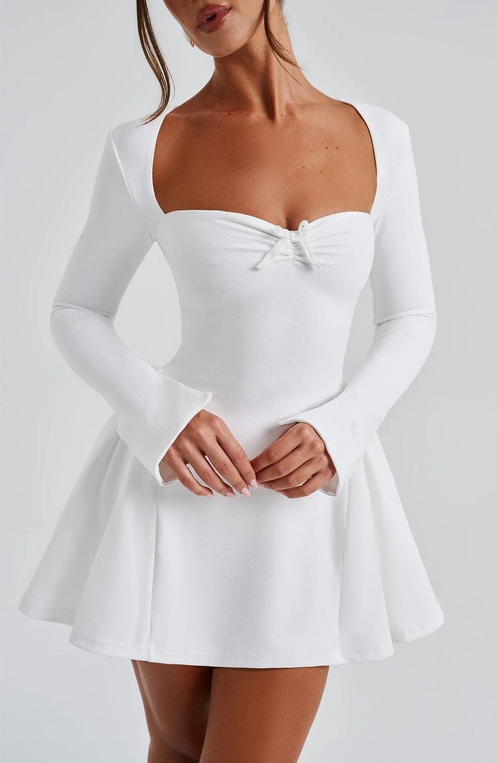 Ivory Cinched Waist Mini Dress with Sweetheart Neckline