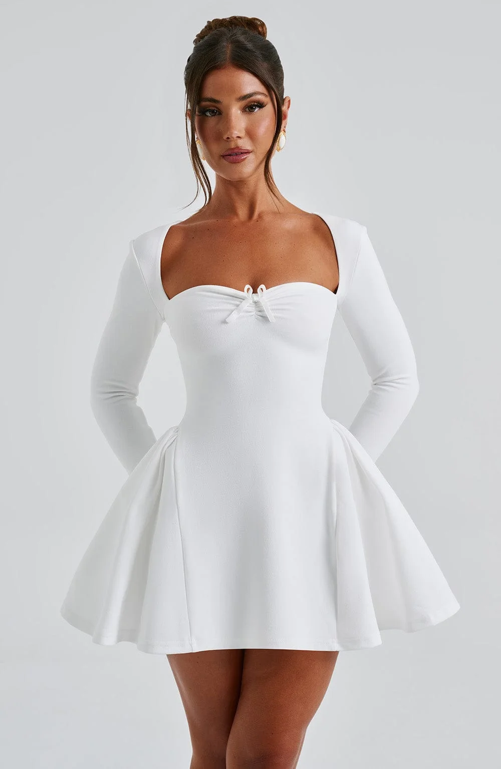Ivory Cinched Waist Mini Dress with Sweetheart Neckline