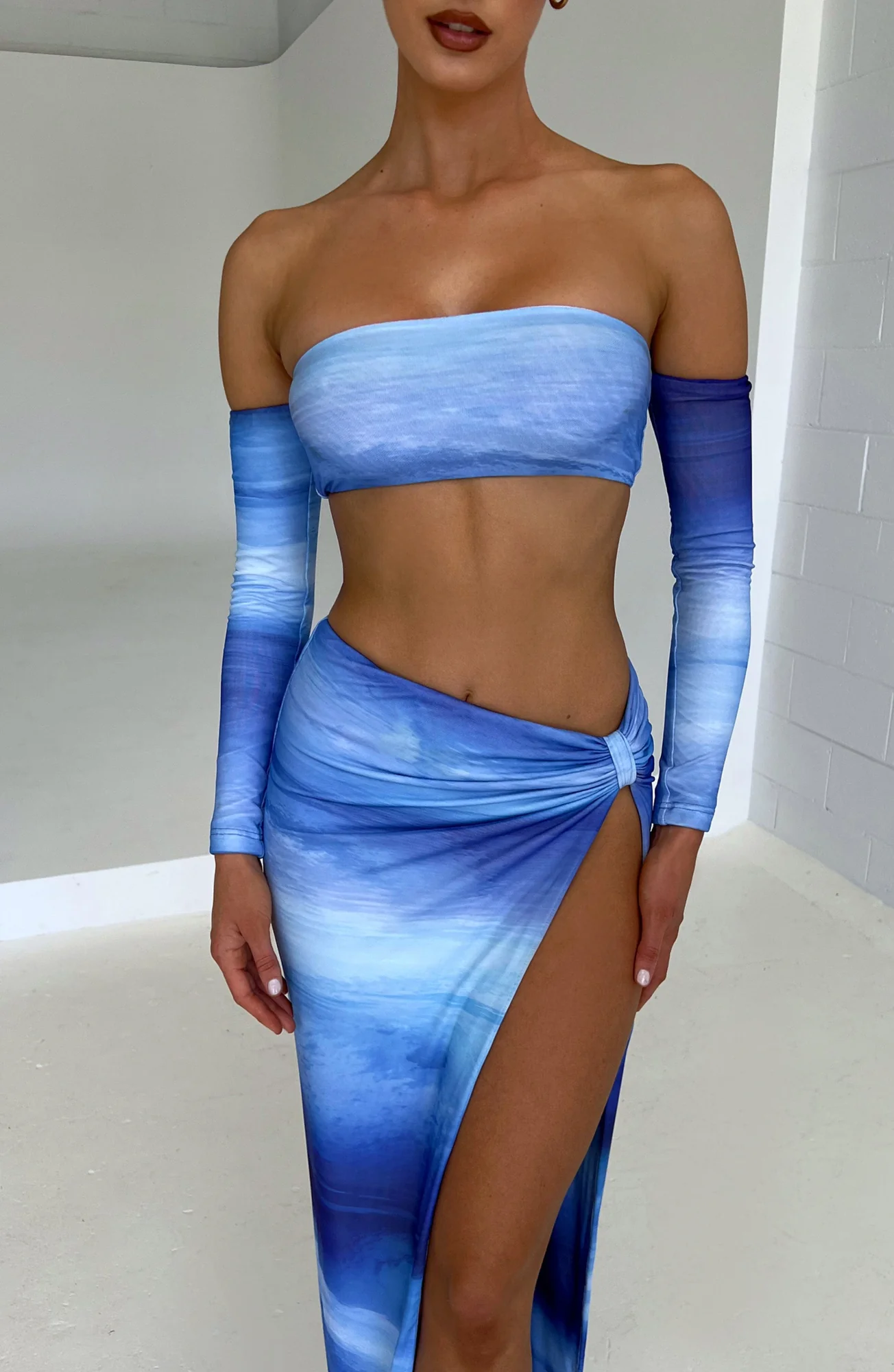 Blue Haze Printed Crop Top - Premium Stretch Mesh