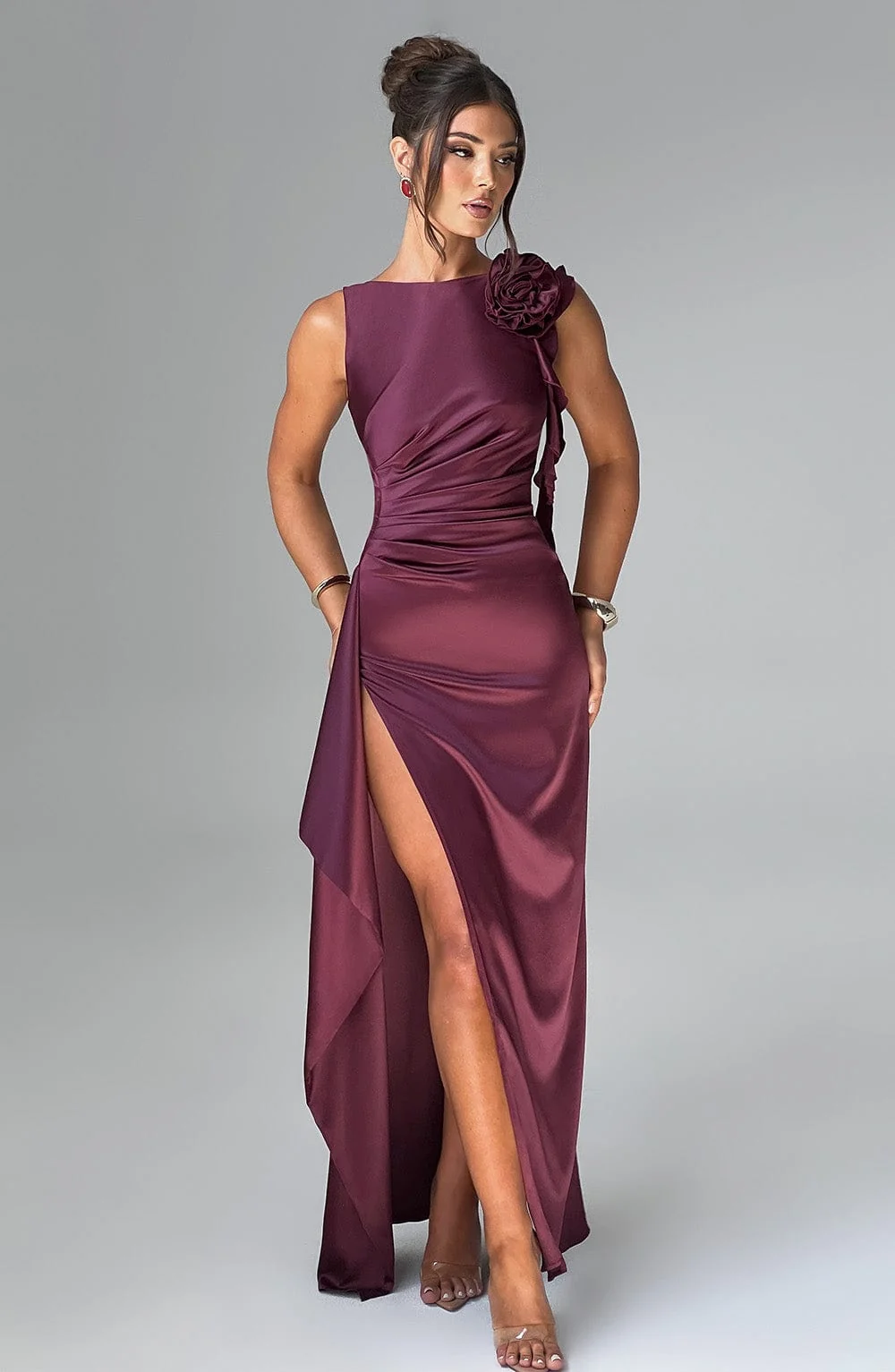 Cherry Red Satin Maxi Dress with Draped Thigh Split