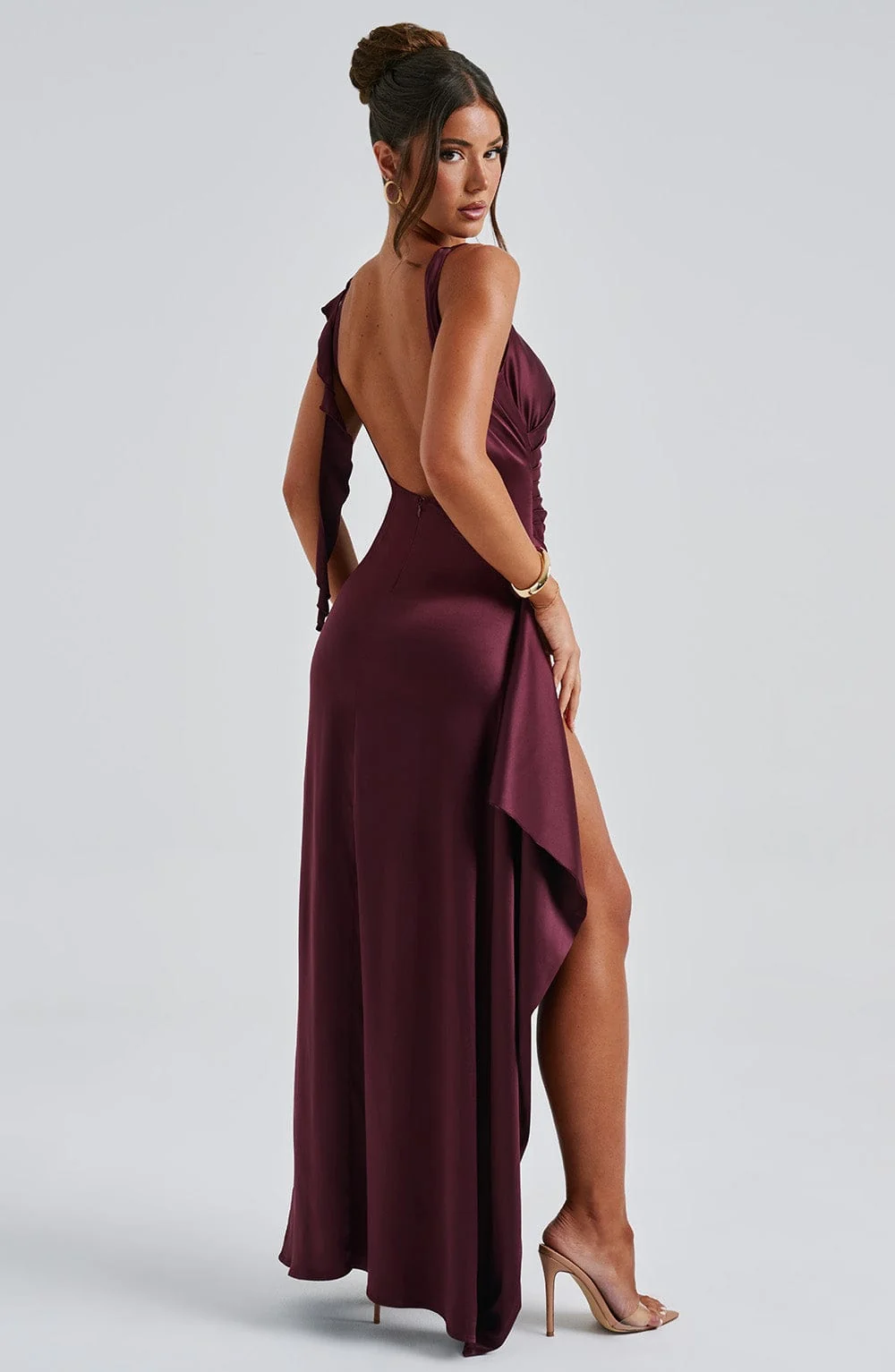 Cherry Red Satin Maxi Dress with Draped Thigh Split