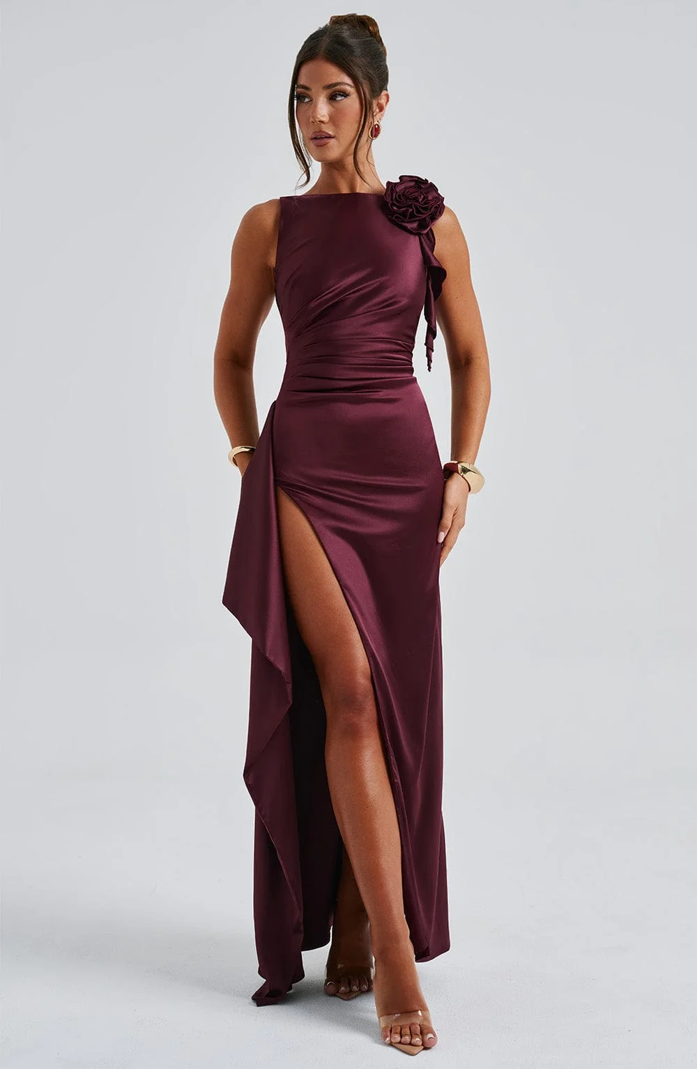 Cherry Red Satin Maxi Dress with Draped Thigh Split