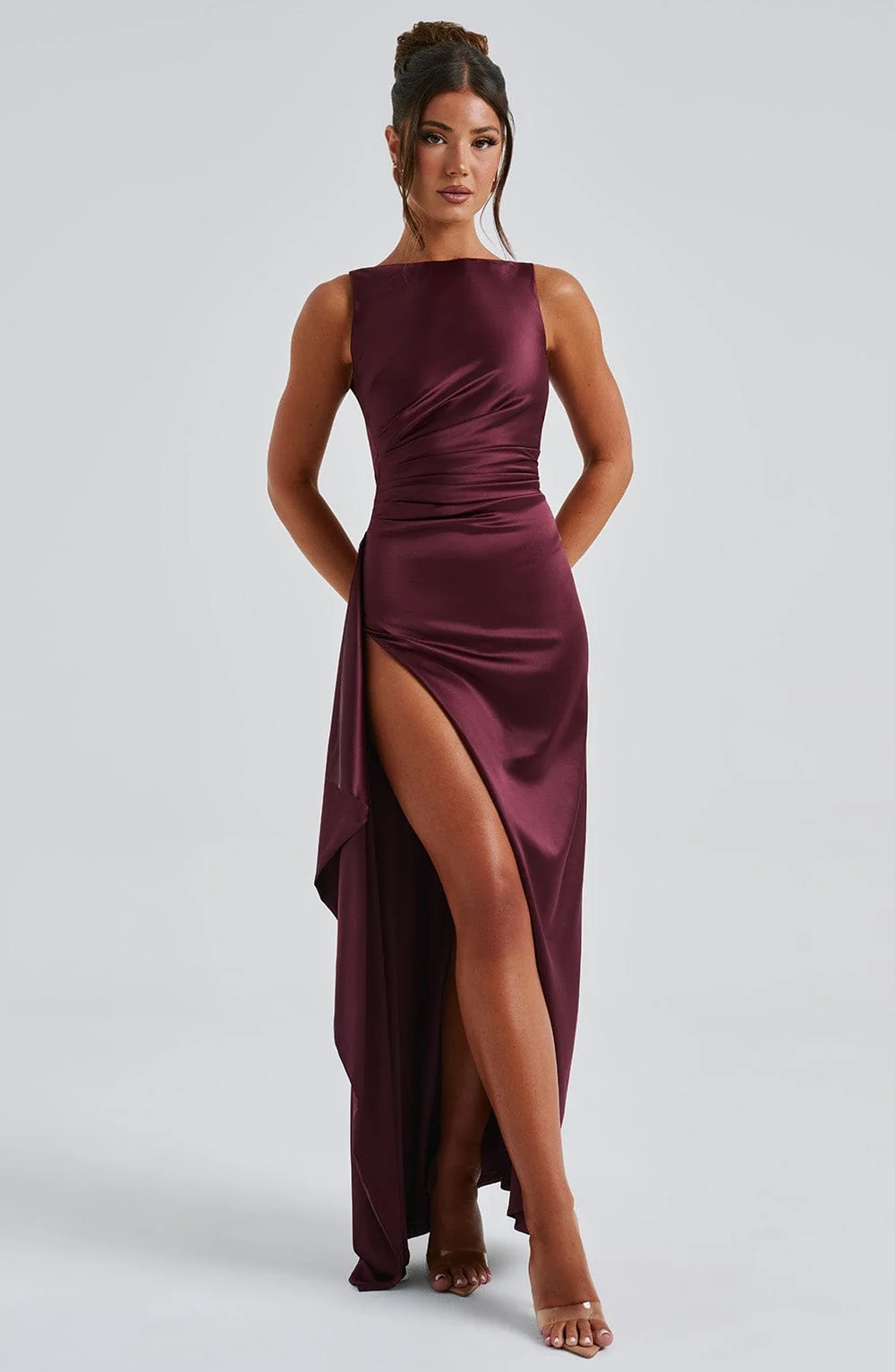 Cherry Red Satin Maxi Dress with Draped Thigh Split