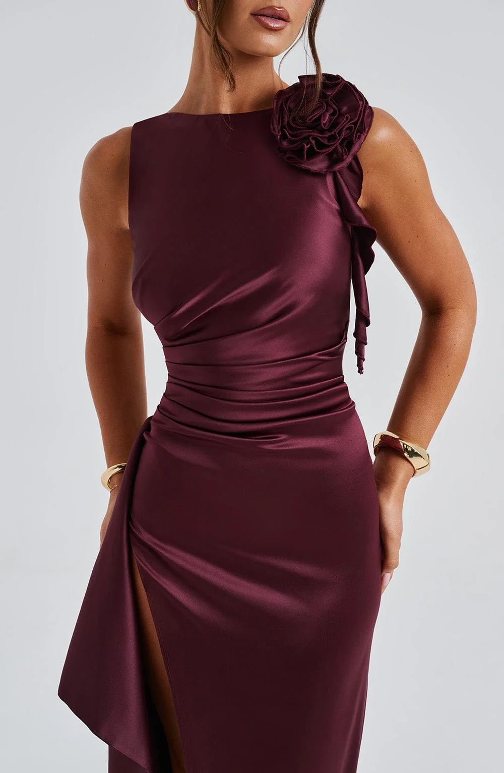 Cherry Red Satin Maxi Dress with Draped Thigh Split