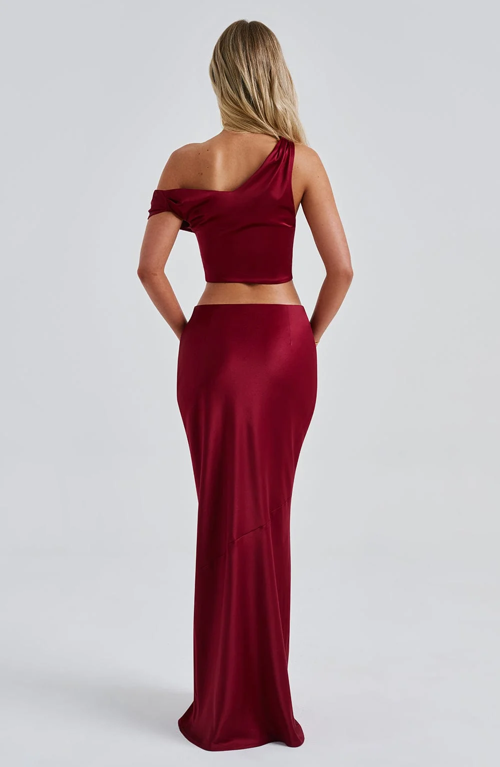 Luxury Burgundy Audra Stretch Satin Off-Shoulder Top with Corset