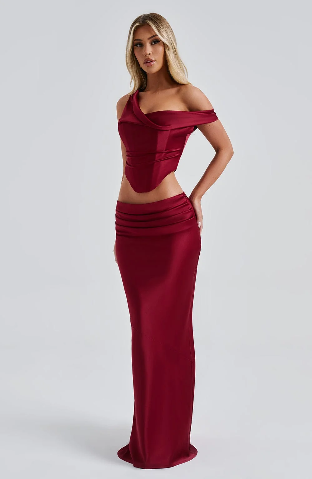 Luxury Burgundy Audra Stretch Satin Off-Shoulder Top with Corset