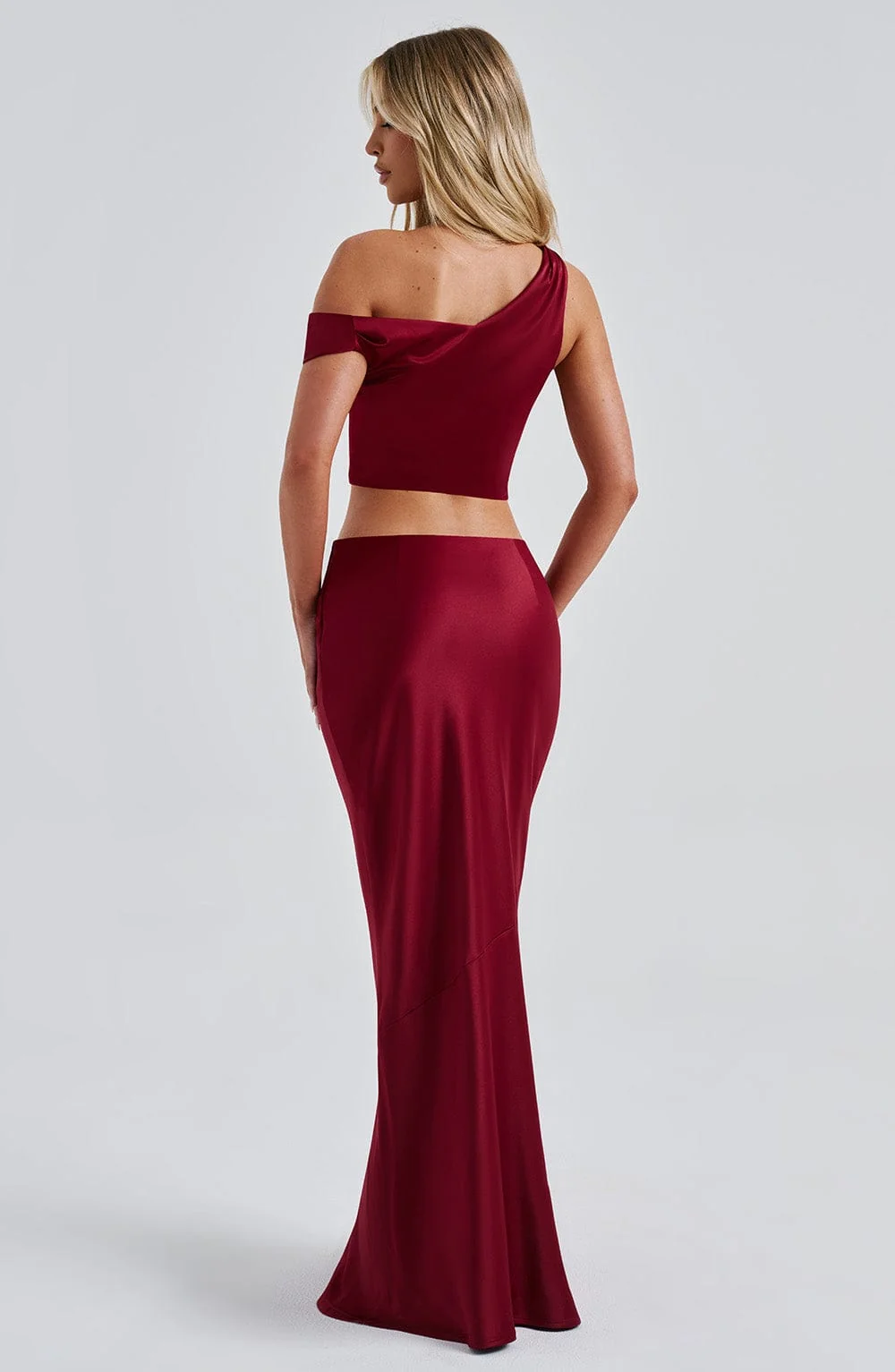 Burgundy Stretch Satin Bias Cut Maxi Skirt