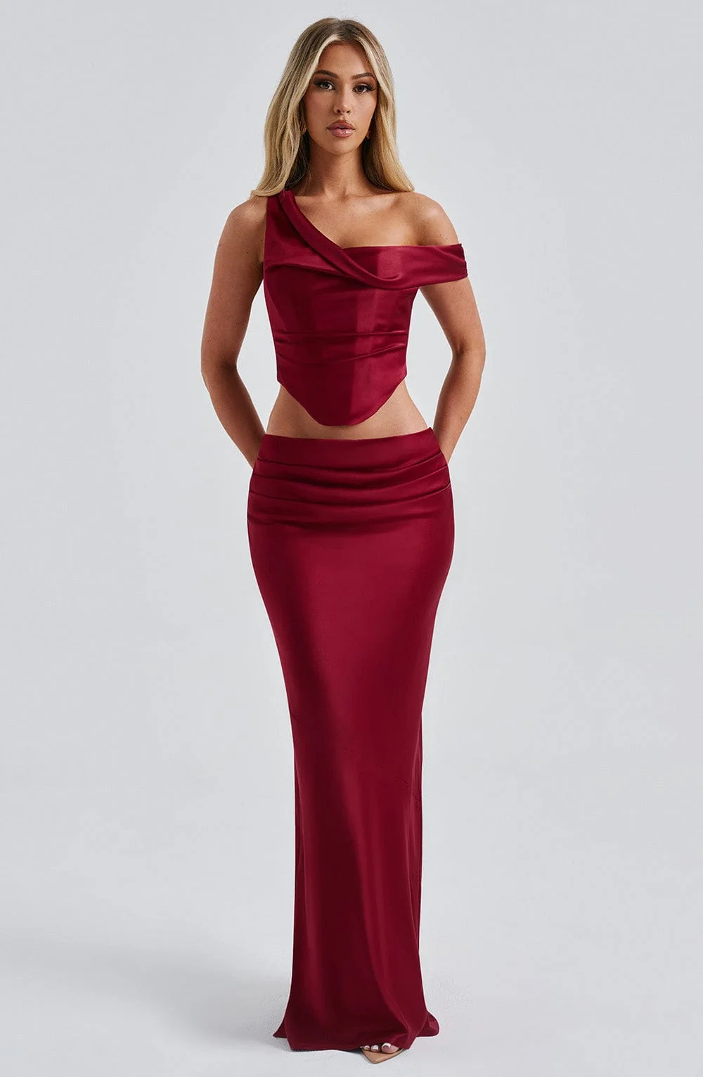 Burgundy Stretch Satin Bias Cut Maxi Skirt