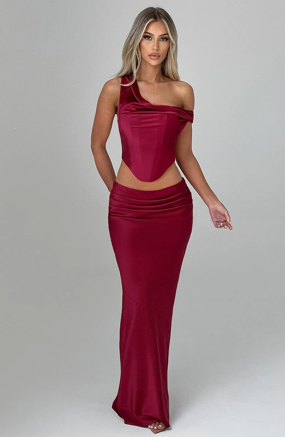 Burgundy Stretch Satin Bias Cut Maxi Skirt