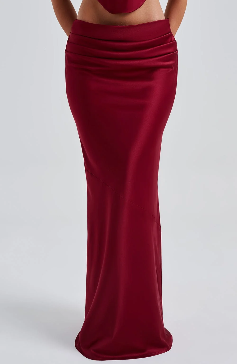 Burgundy Stretch Satin Bias Cut Maxi Skirt