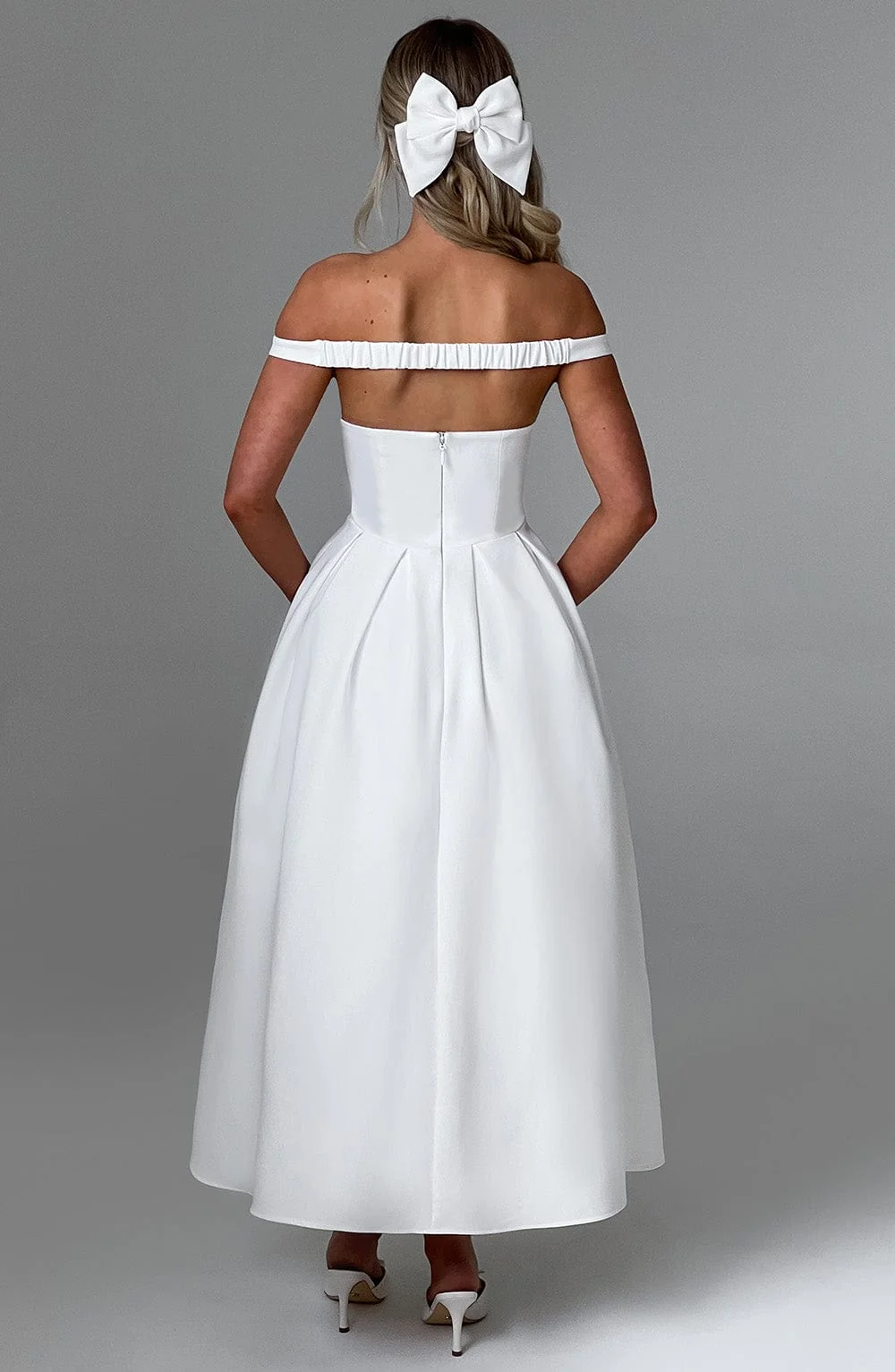 Elegant Ivory Midi Dress with Plunge Bardot Neckline