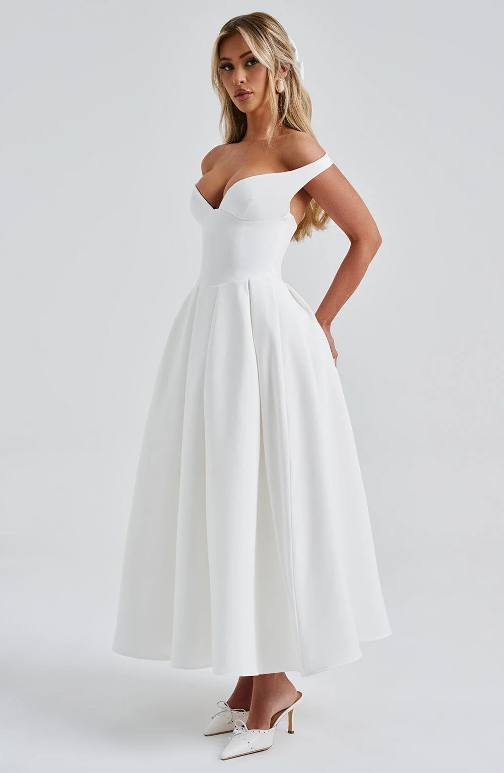 Elegant Ivory Midi Dress with Plunge Bardot Neckline