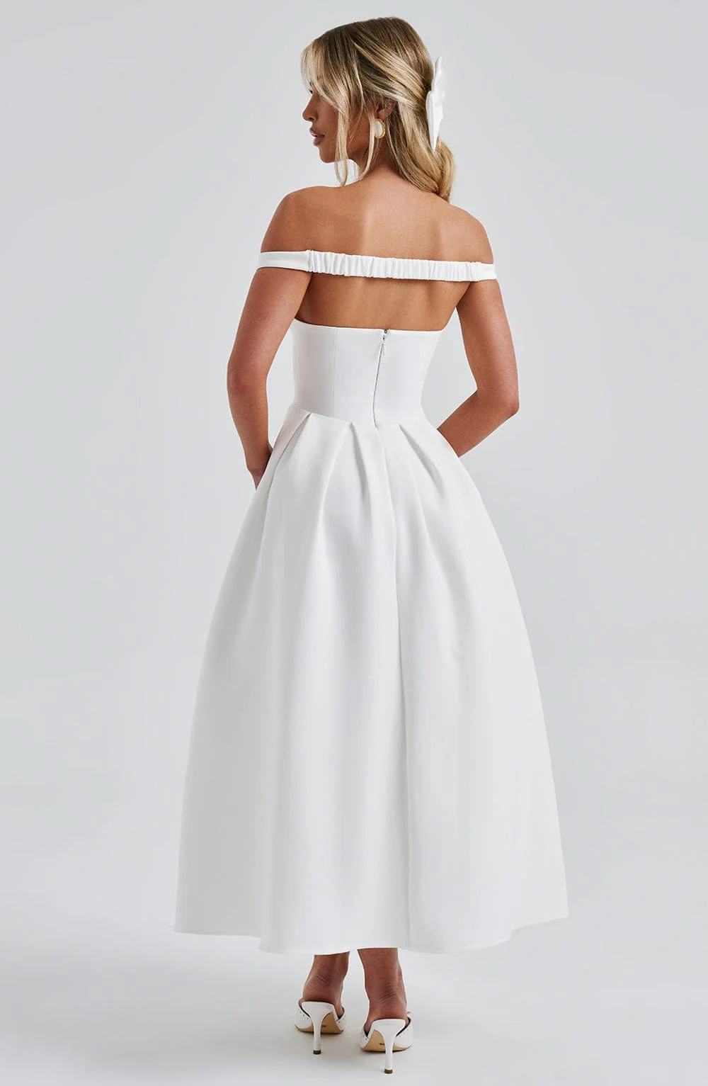 Elegant Ivory Midi Dress with Plunge Bardot Neckline