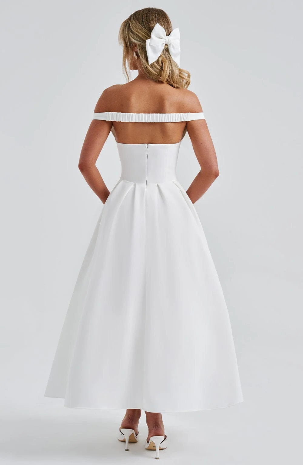 Elegant Ivory Midi Dress with Plunge Bardot Neckline
