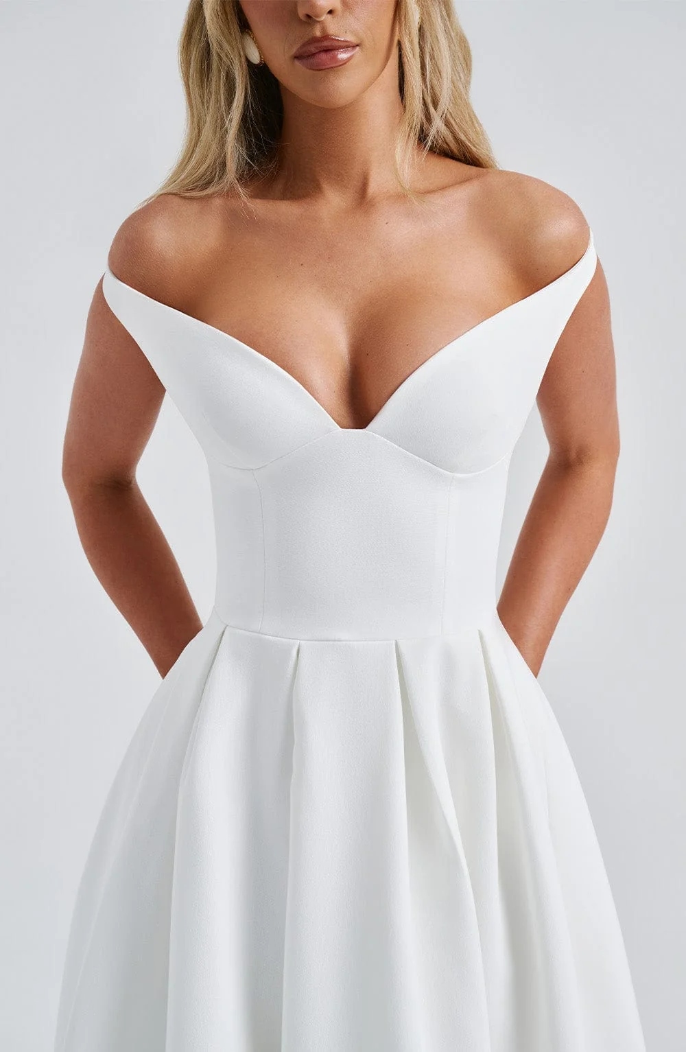 Elegant Ivory Midi Dress with Plunge Bardot Neckline
