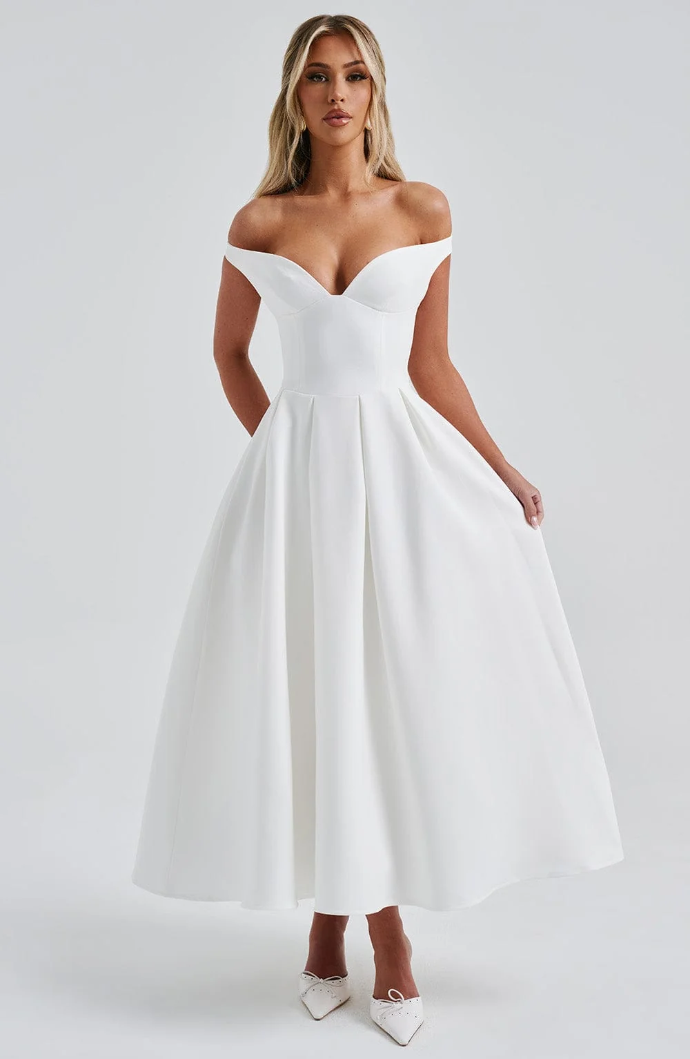 Elegant Ivory Midi Dress with Plunge Bardot Neckline