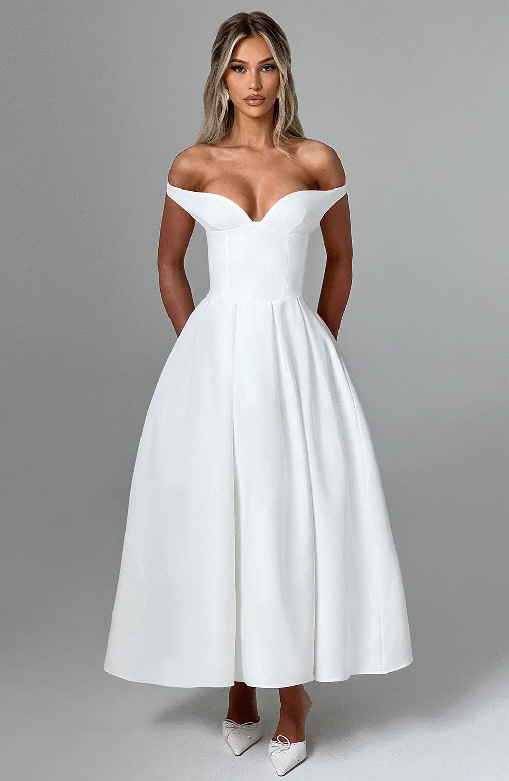 Elegant Ivory Midi Dress with Plunge Bardot Neckline