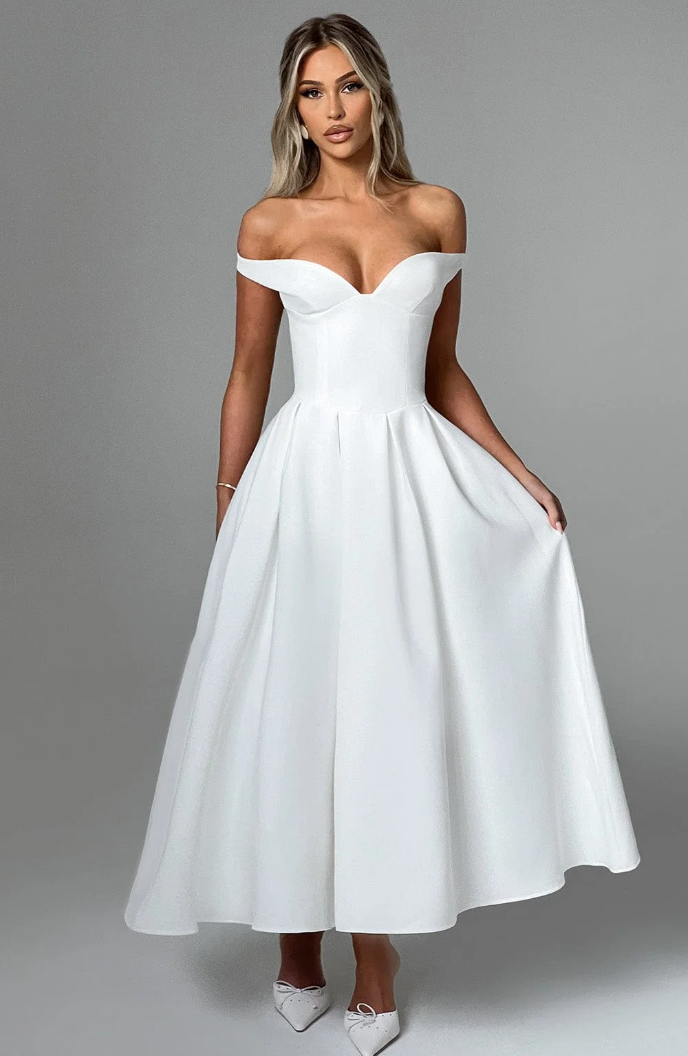 Elegant Ivory Midi Dress with Plunge Bardot Neckline
