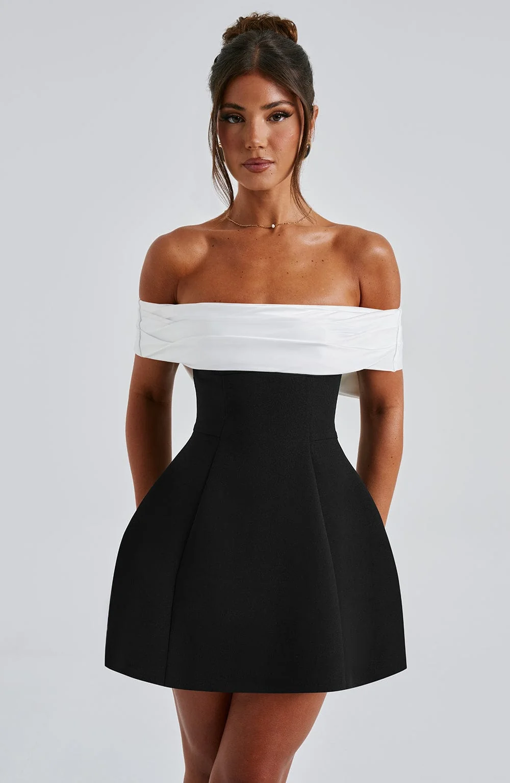 Modern Contrast Bardot Neckline Mini Dress in Black White