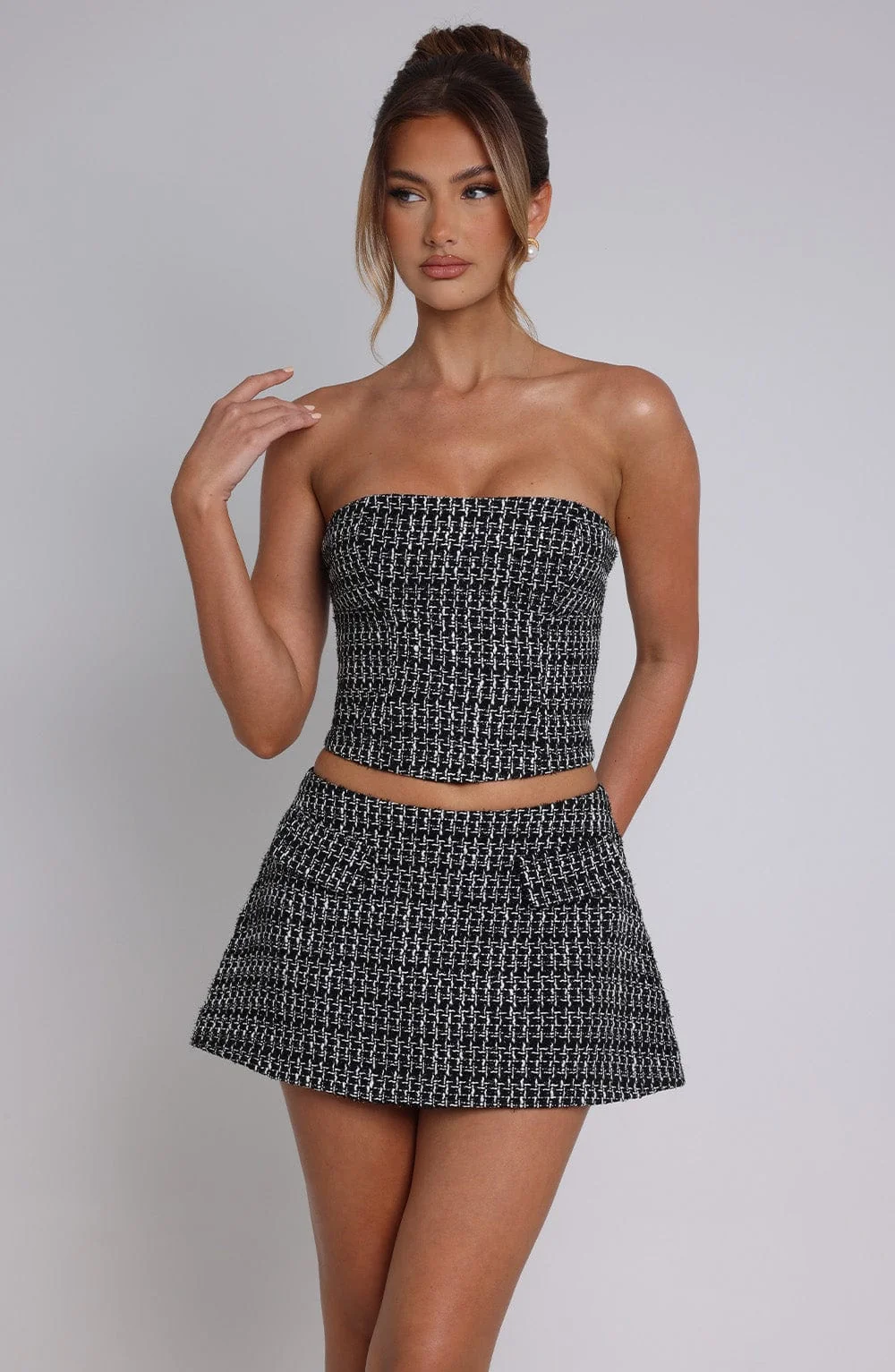 Textured Bubble Mini Skirt in Black and White - Womens Tweed Skirt