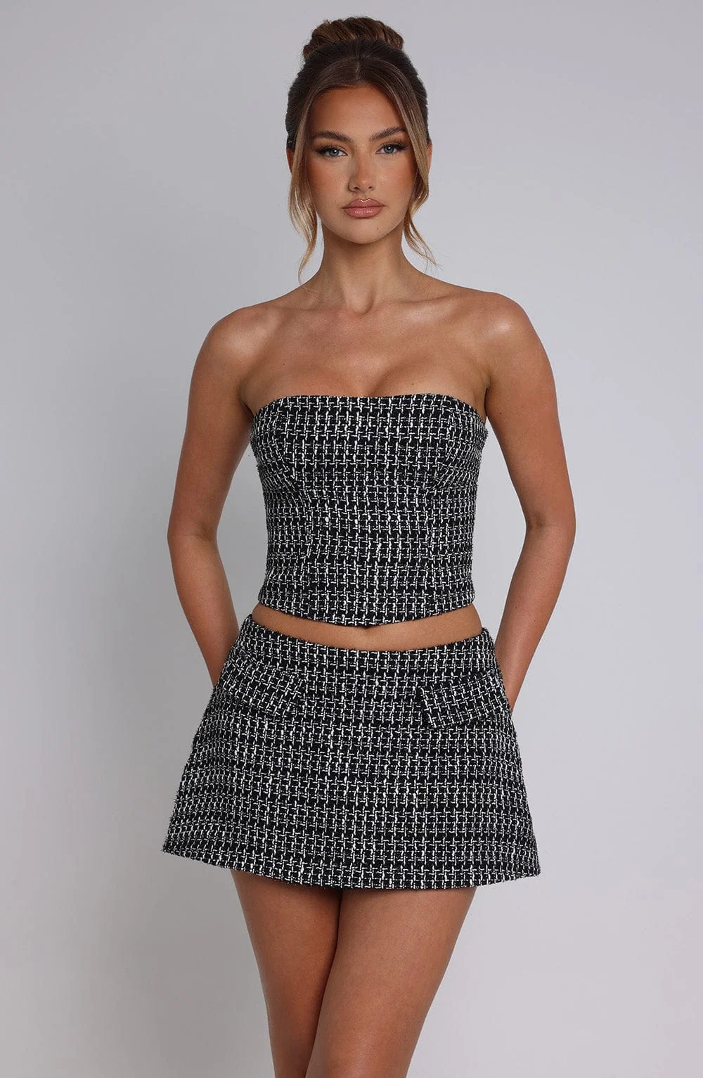 Textured Bubble Mini Skirt in Black and White - Womens Tweed Skirt