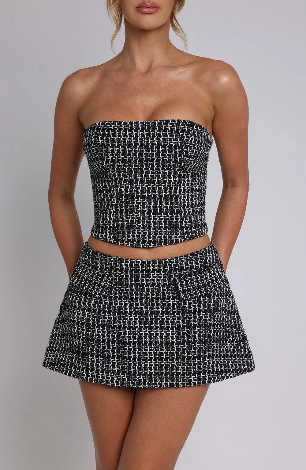 Textured Bubble Mini Skirt in Black and White - Womens Tweed Skirt