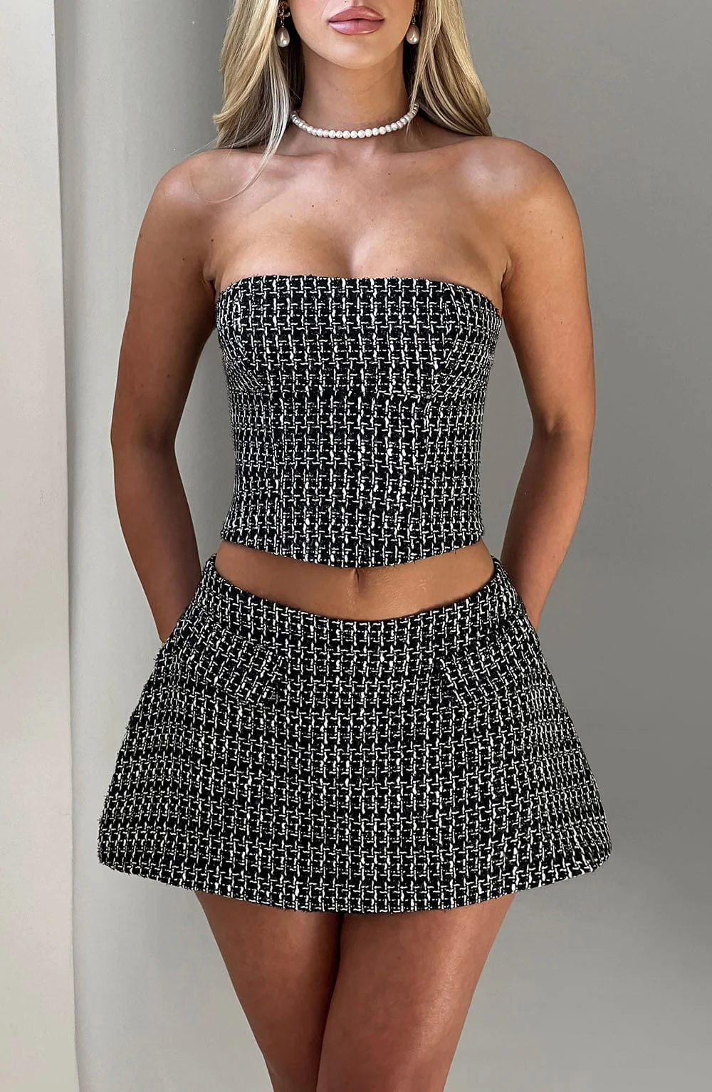 Textured Bubble Mini Skirt in Black and White - Womens Tweed Skirt