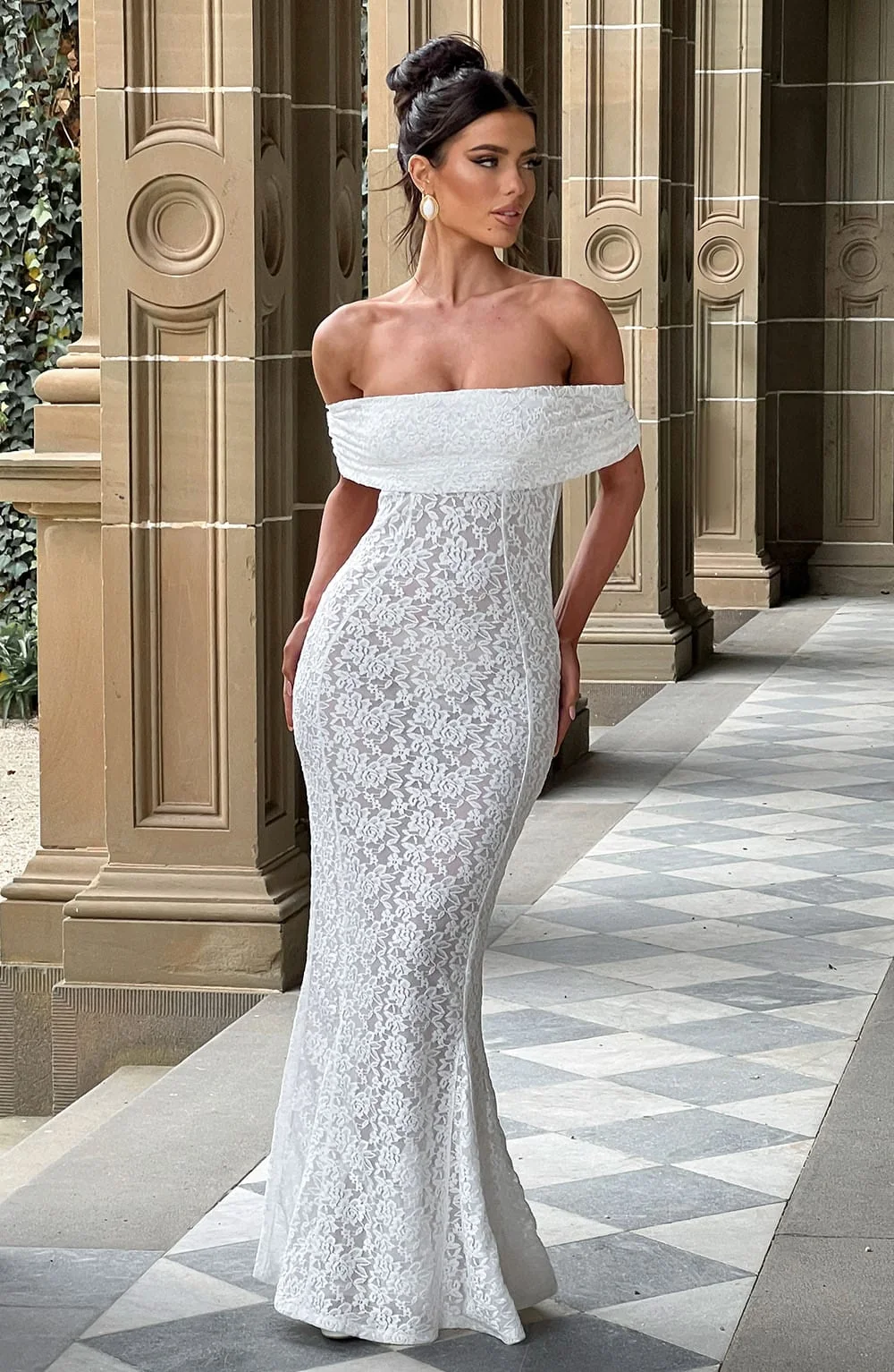 Floral Lace Bardot Maxi Dress - Elegant Ivory Design