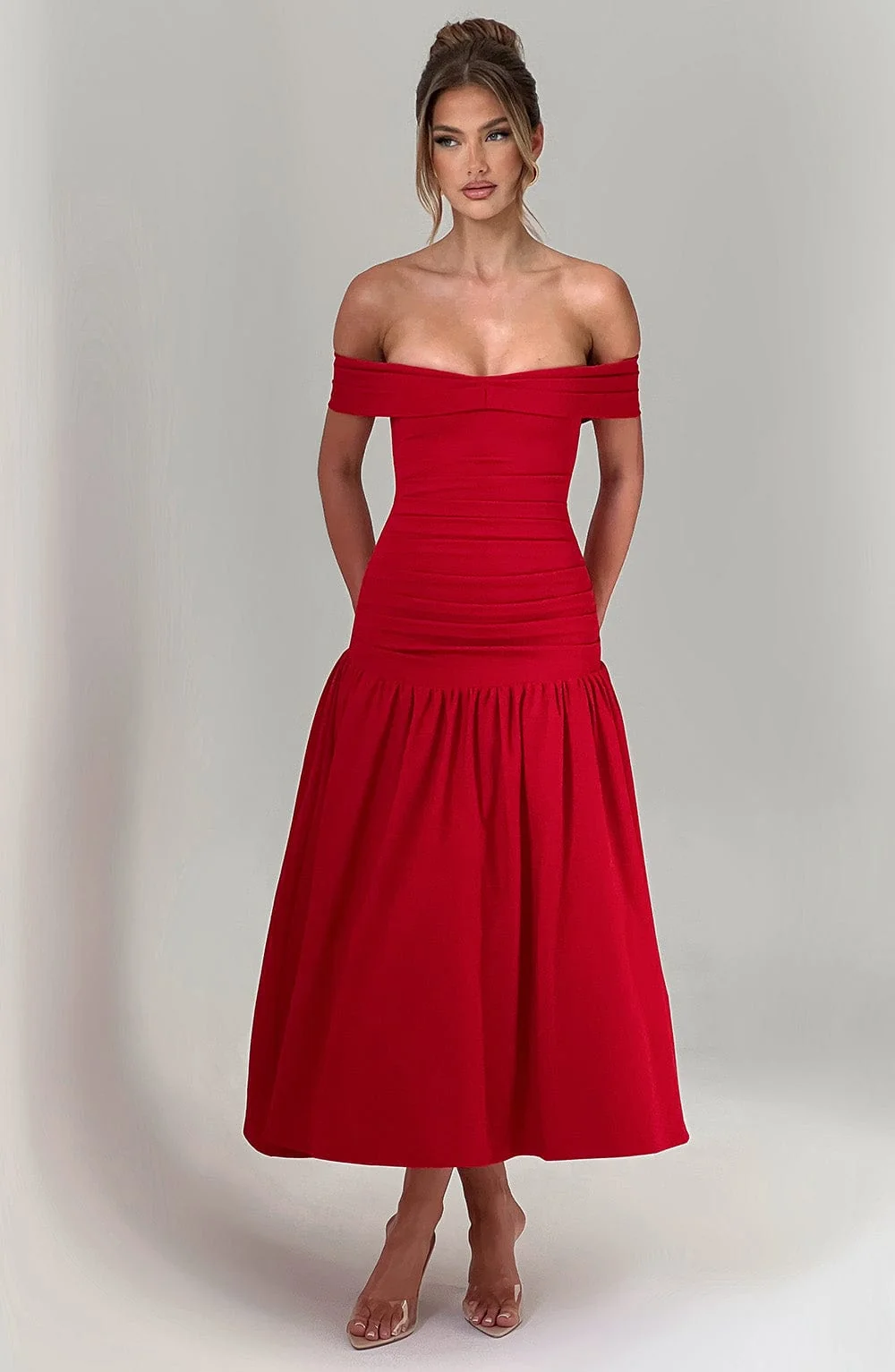 Red Dropped Waist Midaxi Dress with Bardot Neckline