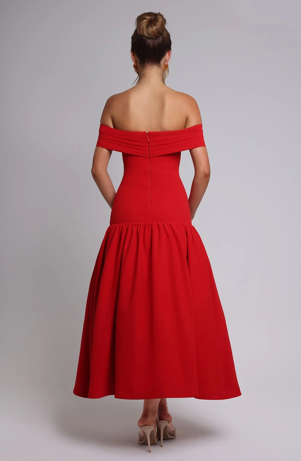 Red Dropped Waist Midaxi Dress with Bardot Neckline