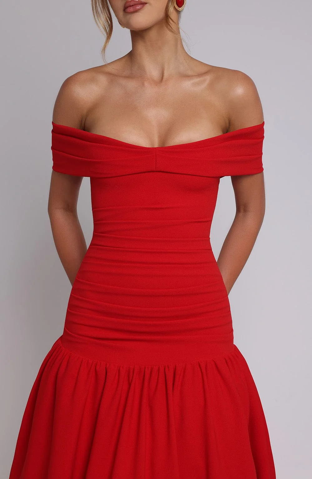 Red Dropped Waist Midaxi Dress with Bardot Neckline