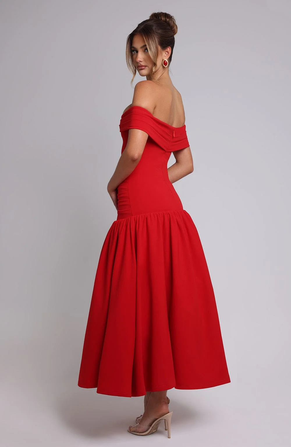 Red Dropped Waist Midaxi Dress with Bardot Neckline