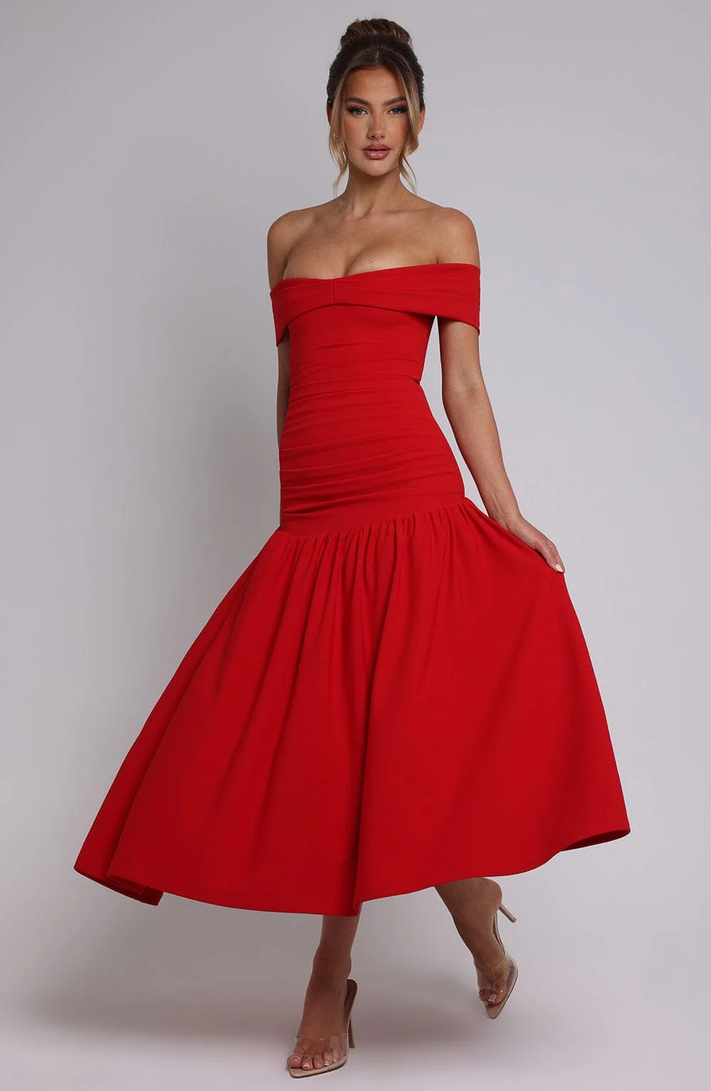 Red Dropped Waist Midaxi Dress with Bardot Neckline