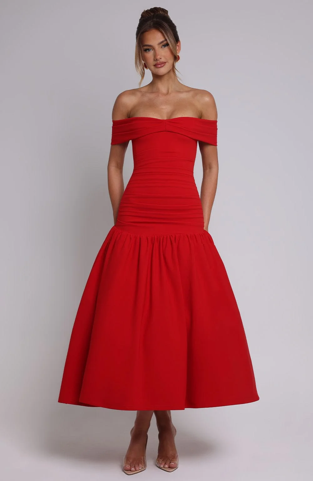 Red Dropped Waist Midaxi Dress with Bardot Neckline