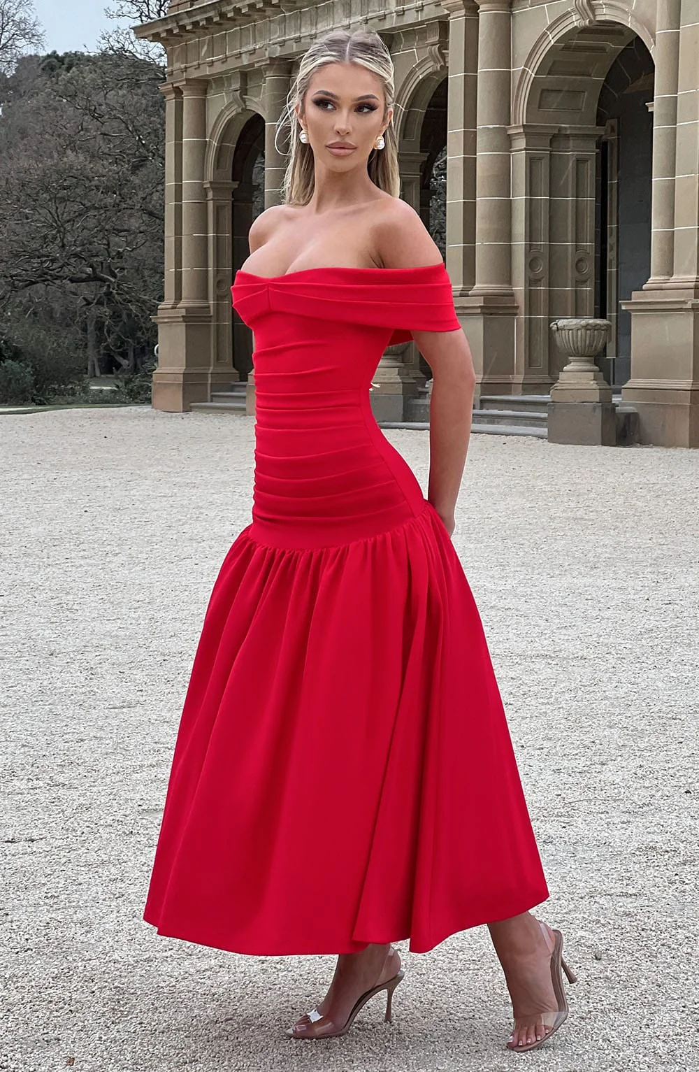 Red Dropped Waist Midaxi Dress with Bardot Neckline