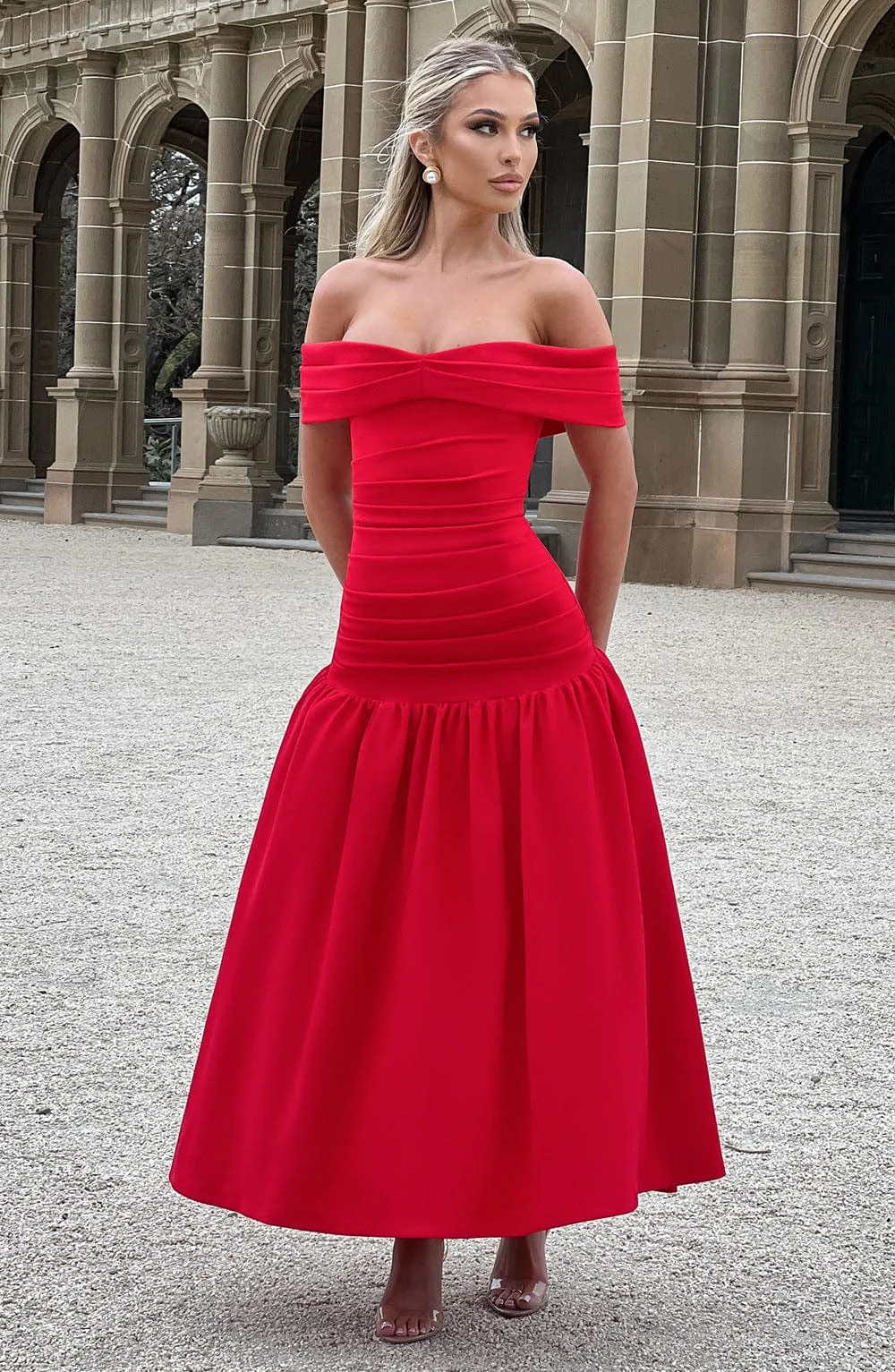 Red Dropped Waist Midaxi Dress with Bardot Neckline