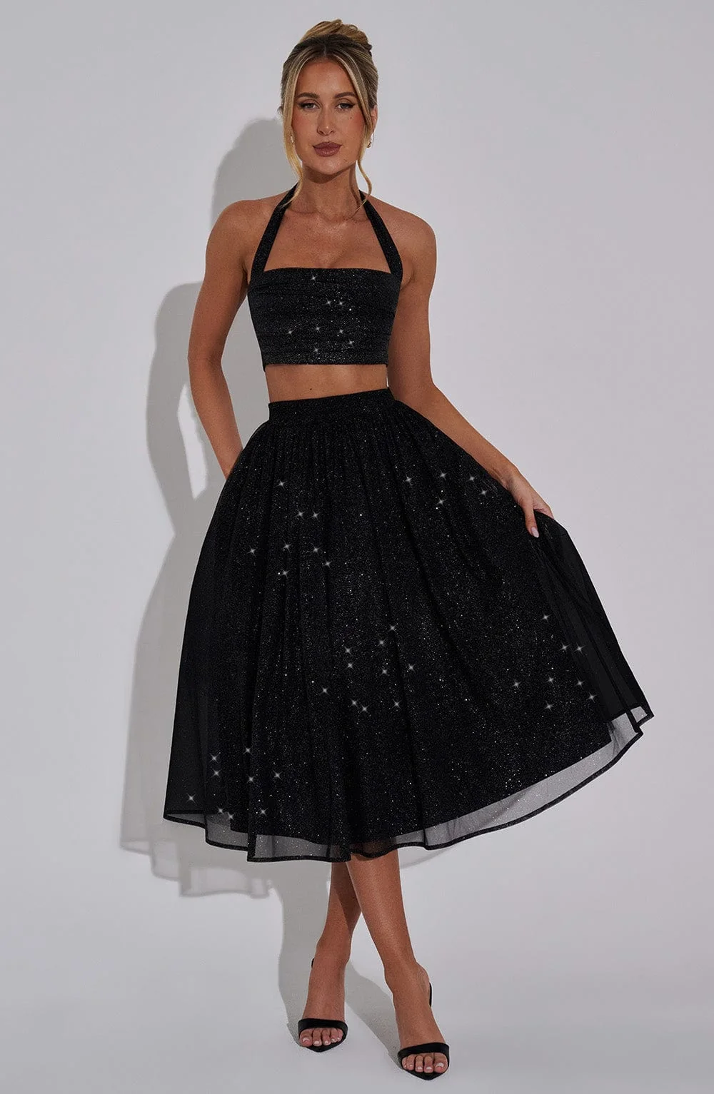 Black Sparkle Mesh Alani Midi Skirt