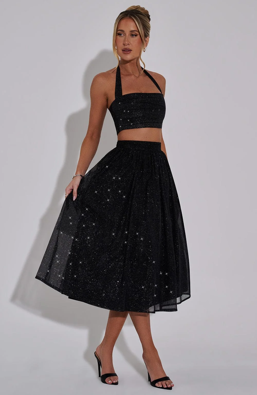 Black Sparkle Mesh Alani Midi Skirt