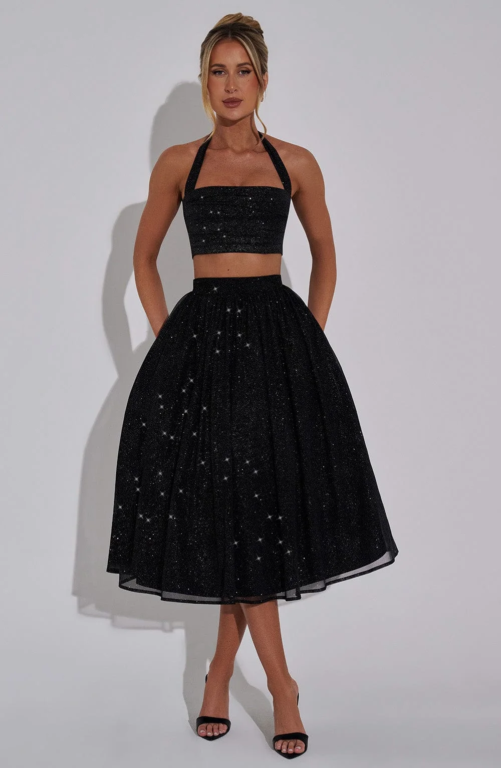 Black Sparkle Mesh Alani Midi Skirt