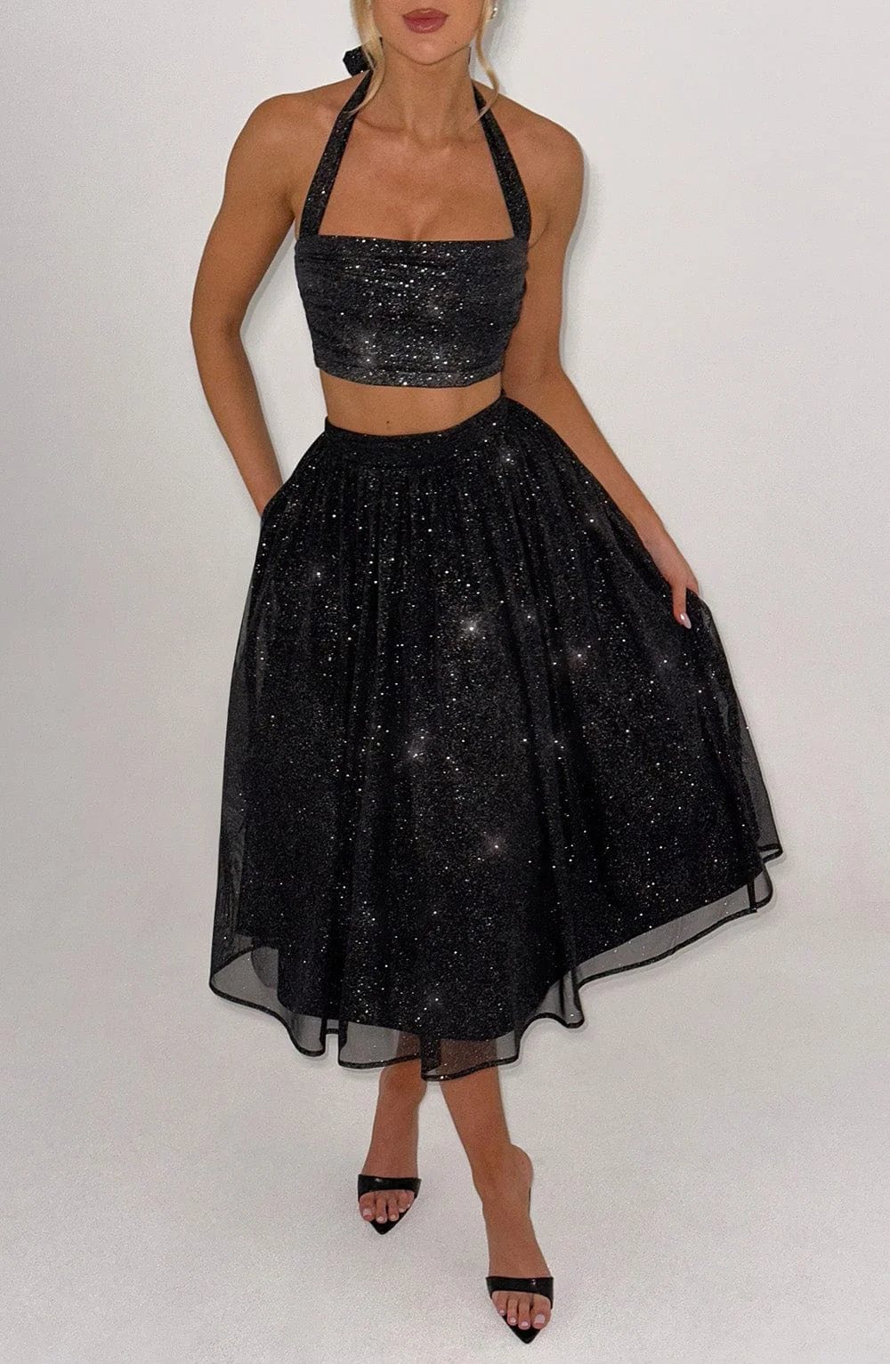 Black Sparkle Mesh Alani Midi Skirt