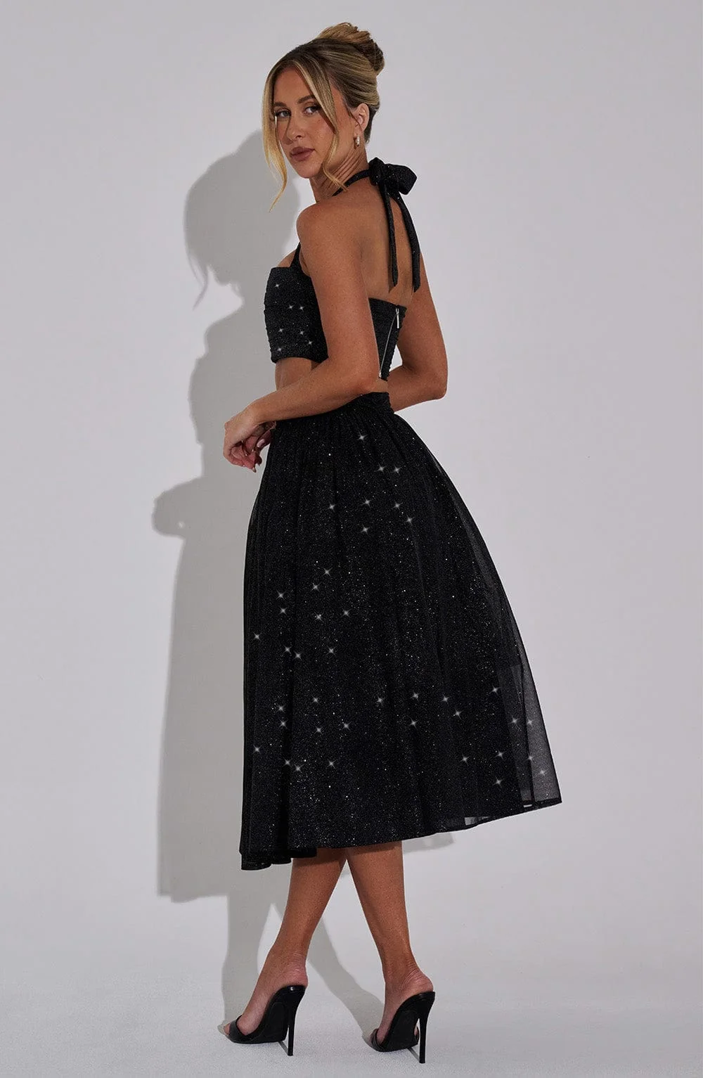 Black Sparkle Mesh Alani Midi Skirt