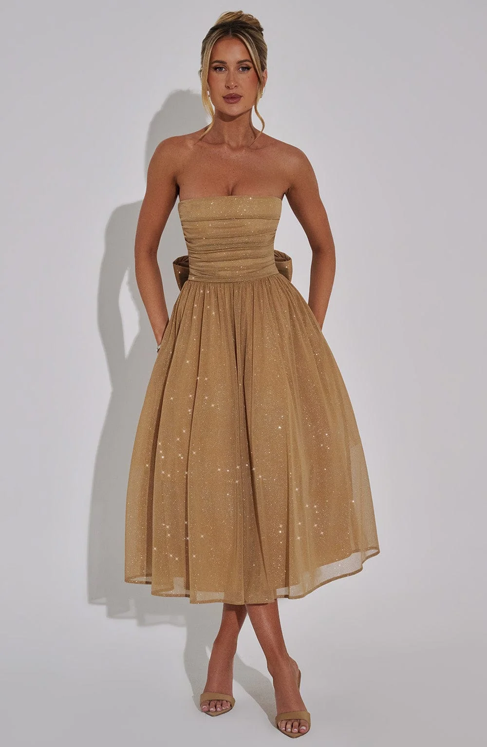 Gold Sparkle Strapless Midi Dress with Self Tie Bow Detail